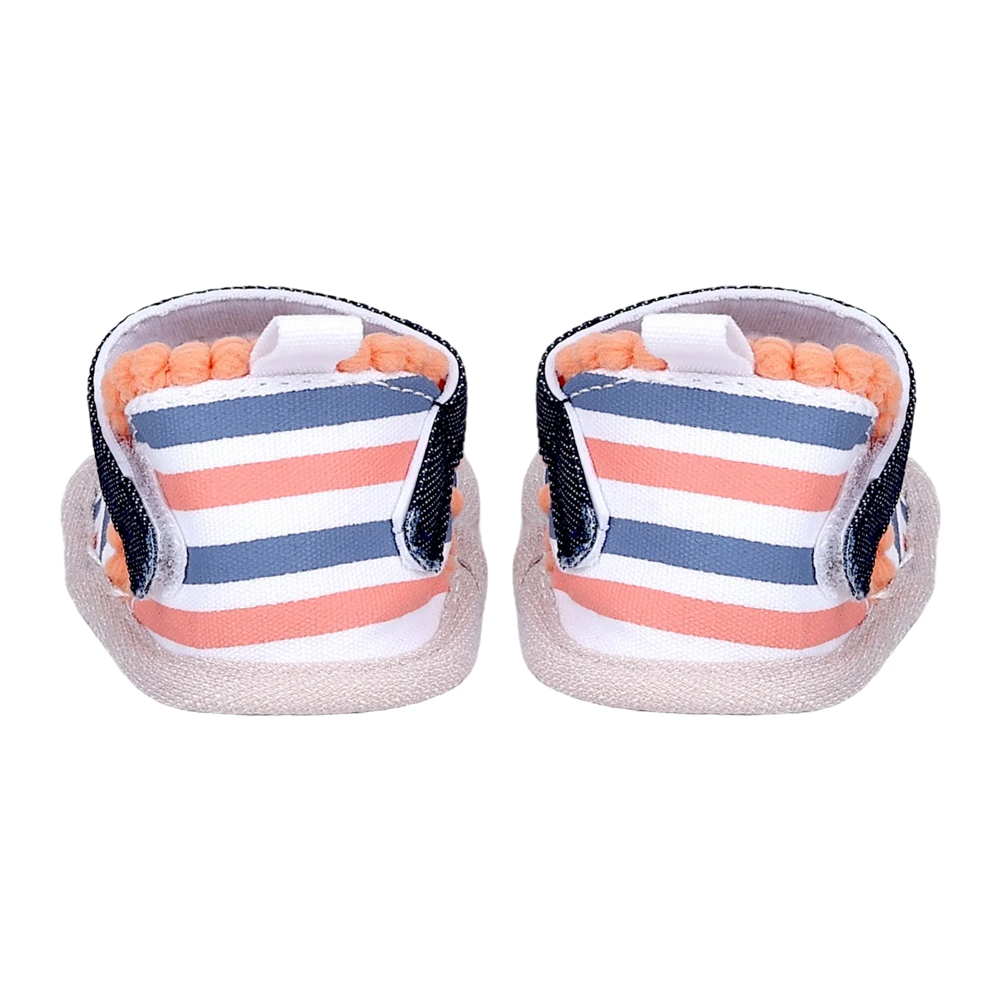 Baby Moo Striped Handmade Pom Pom Trim Velcro Straps Anti-Skid Booties - Peach, White