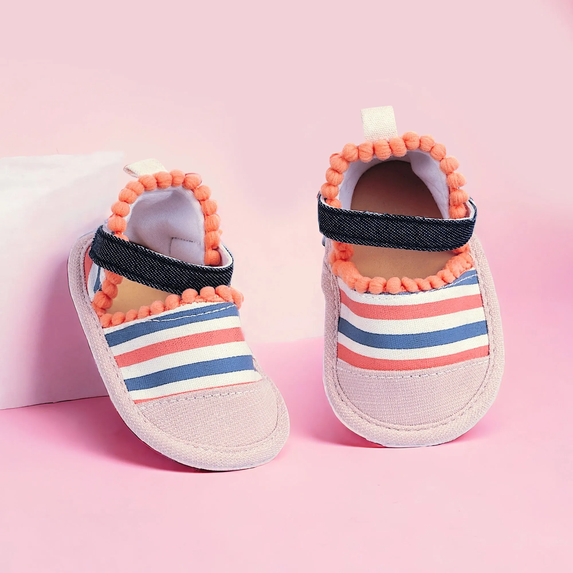 Baby Moo Striped Handmade Pom Pom Trim Velcro Straps Anti-Skid Booties - Peach, White