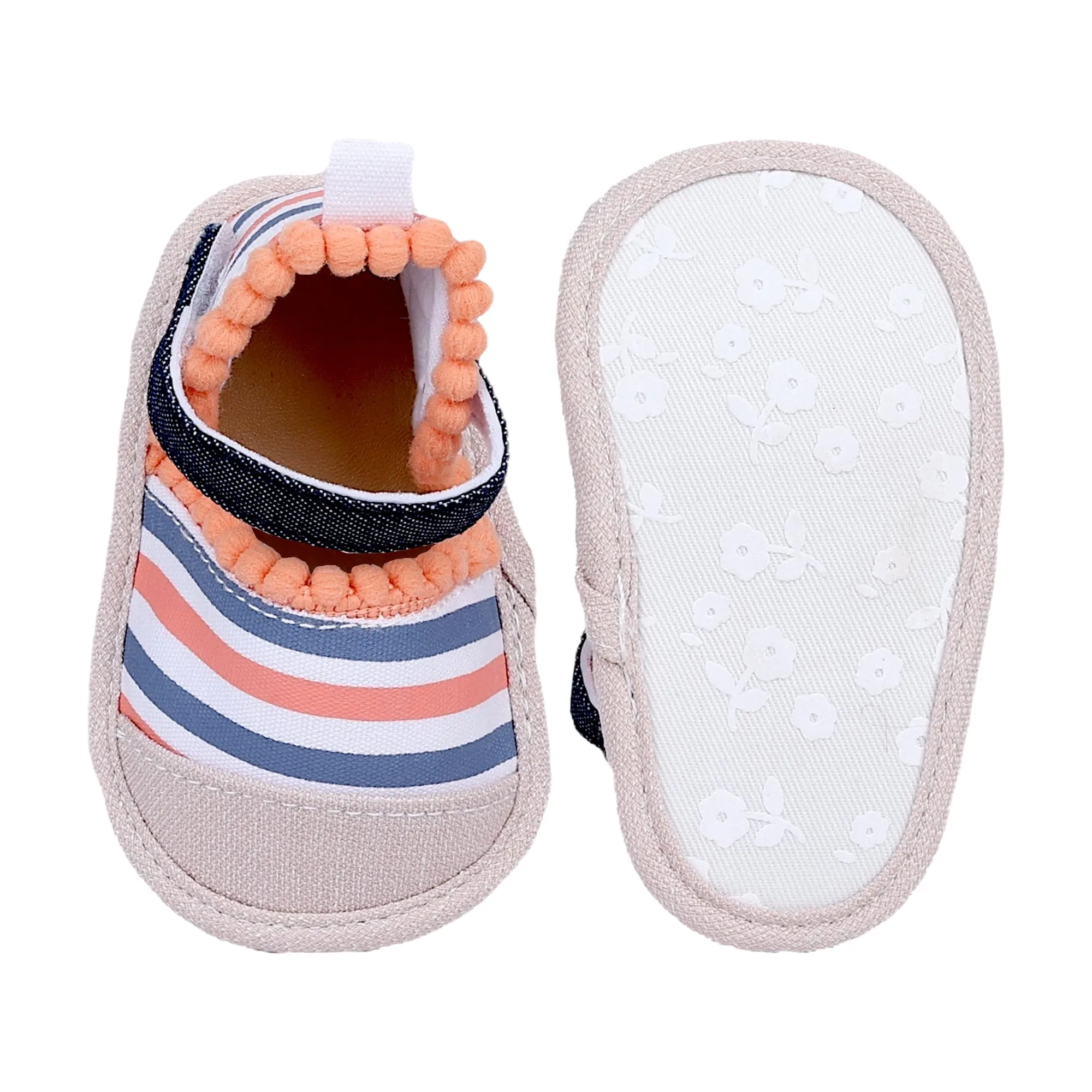 Baby Moo Striped Handmade Pom Pom Trim Velcro Straps Anti-Skid Booties - Peach, White