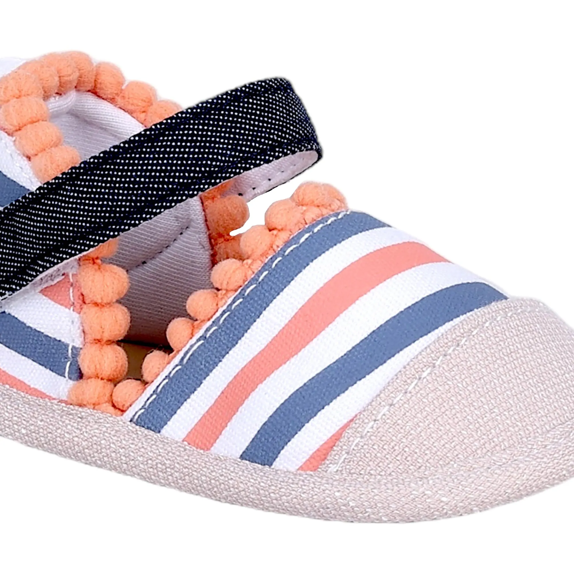 Baby Moo Striped Handmade Pom Pom Trim Velcro Straps Anti-Skid Booties - Peach, White