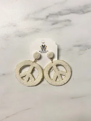 Beaded Earrings, White Peace Signs