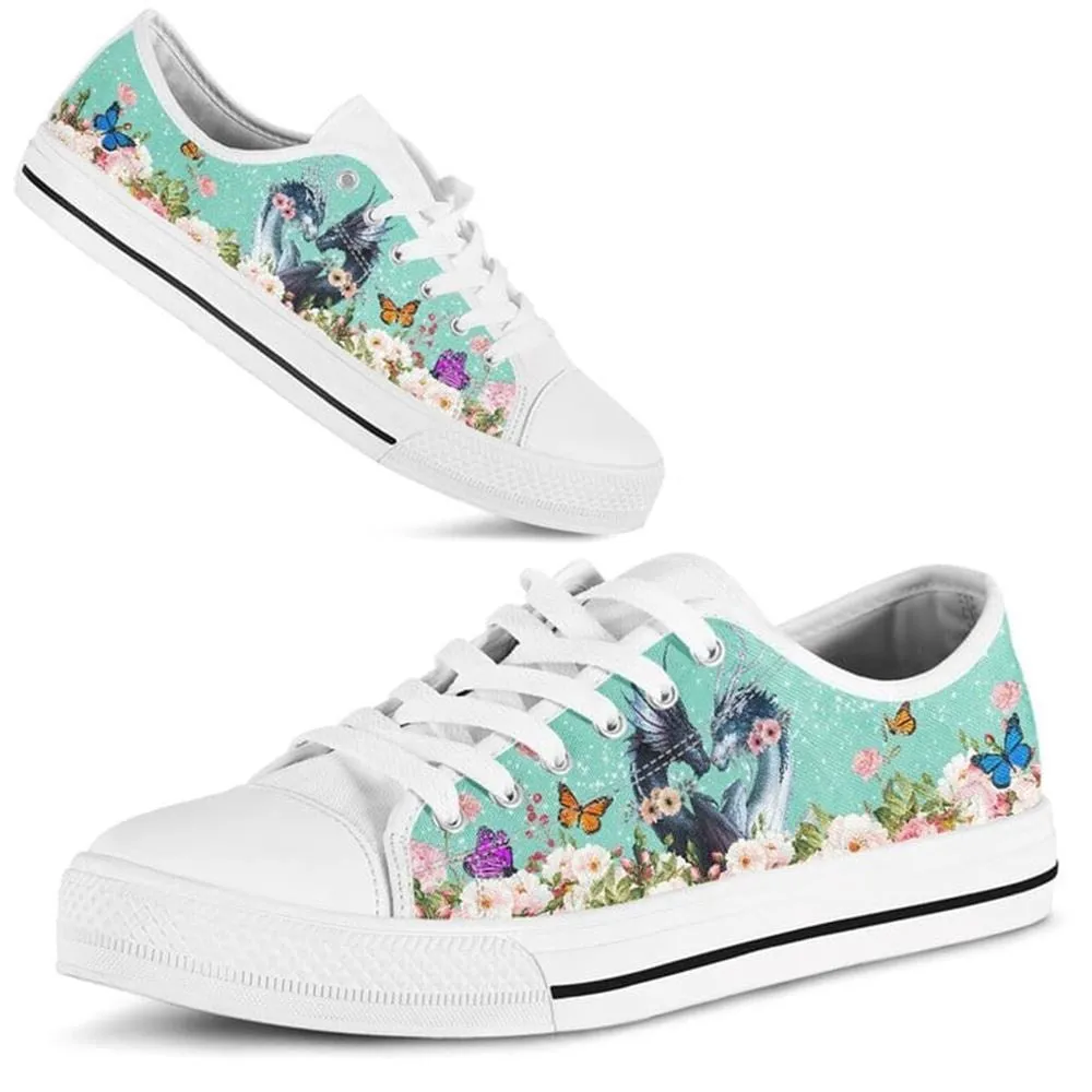 Cute Couple Dragon Love Flower Watercolor Low Top Shoes, Animal Print Canvas Shoes, Print On Canvas Shoes