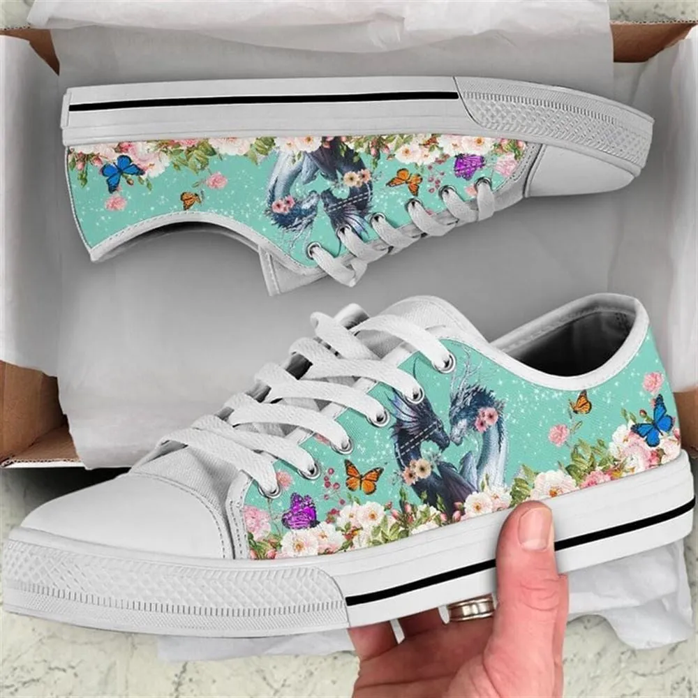 Cute Couple Dragon Love Flower Watercolor Low Top Shoes, Animal Print Canvas Shoes, Print On Canvas Shoes