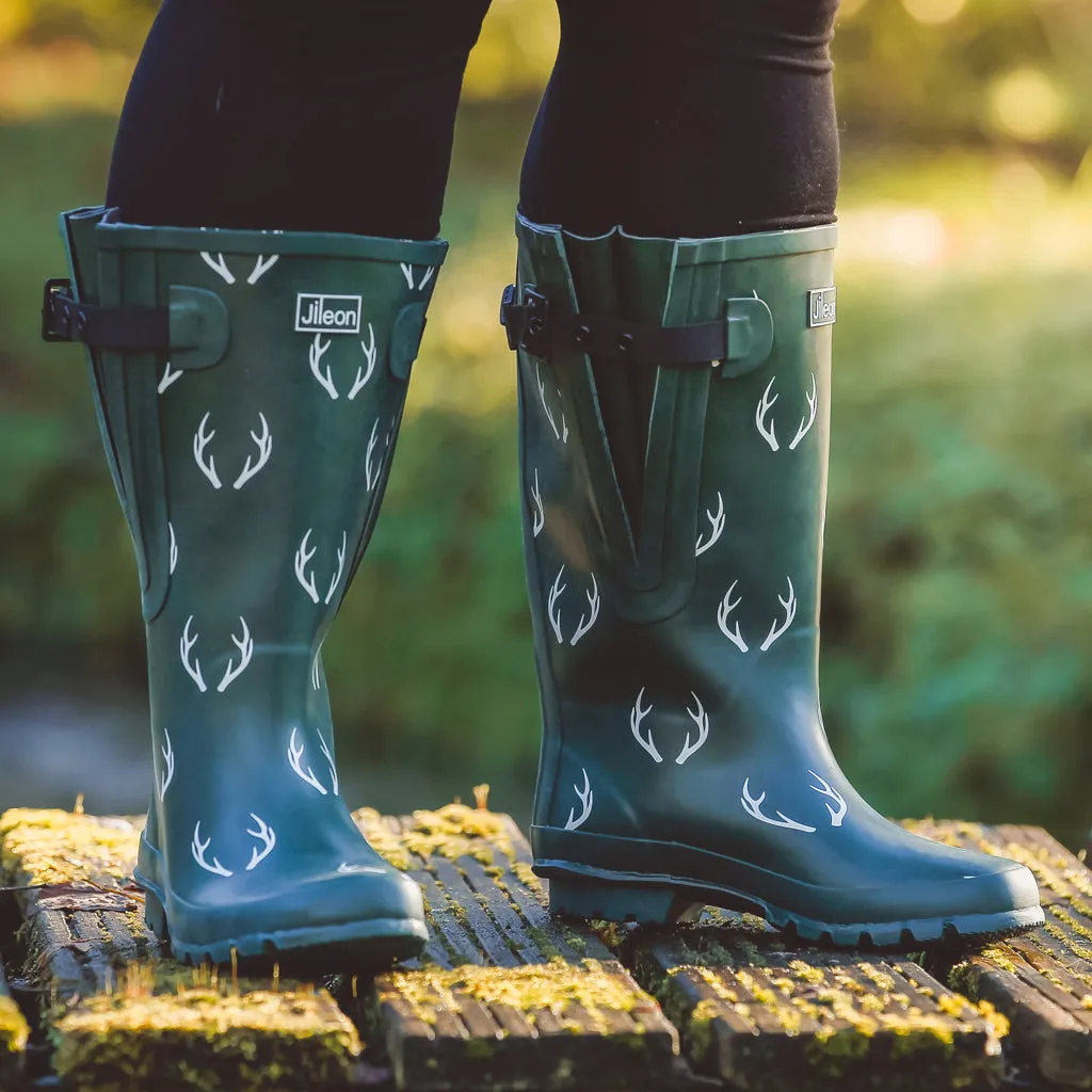 Extra Wide Calf Women's Rain Boots - Green Antler - Fit 16-23 inch Calf - Wide in Foot and Ankle