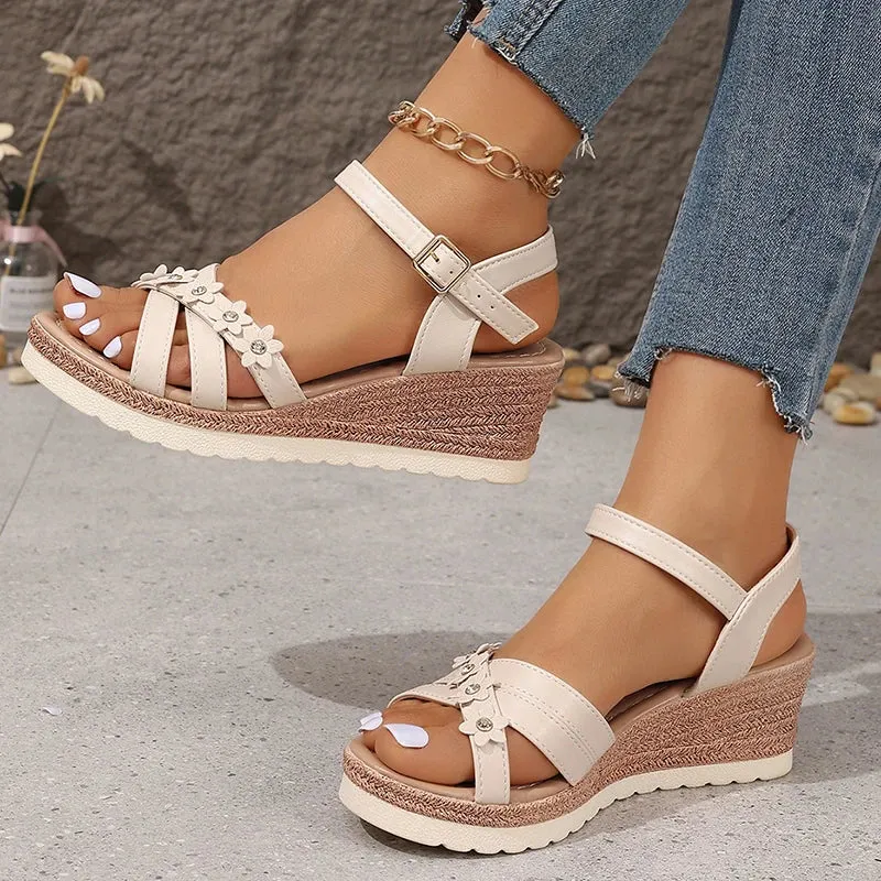 Fashion Flowrers Platform Sandals - Lightweight Ankle Strap