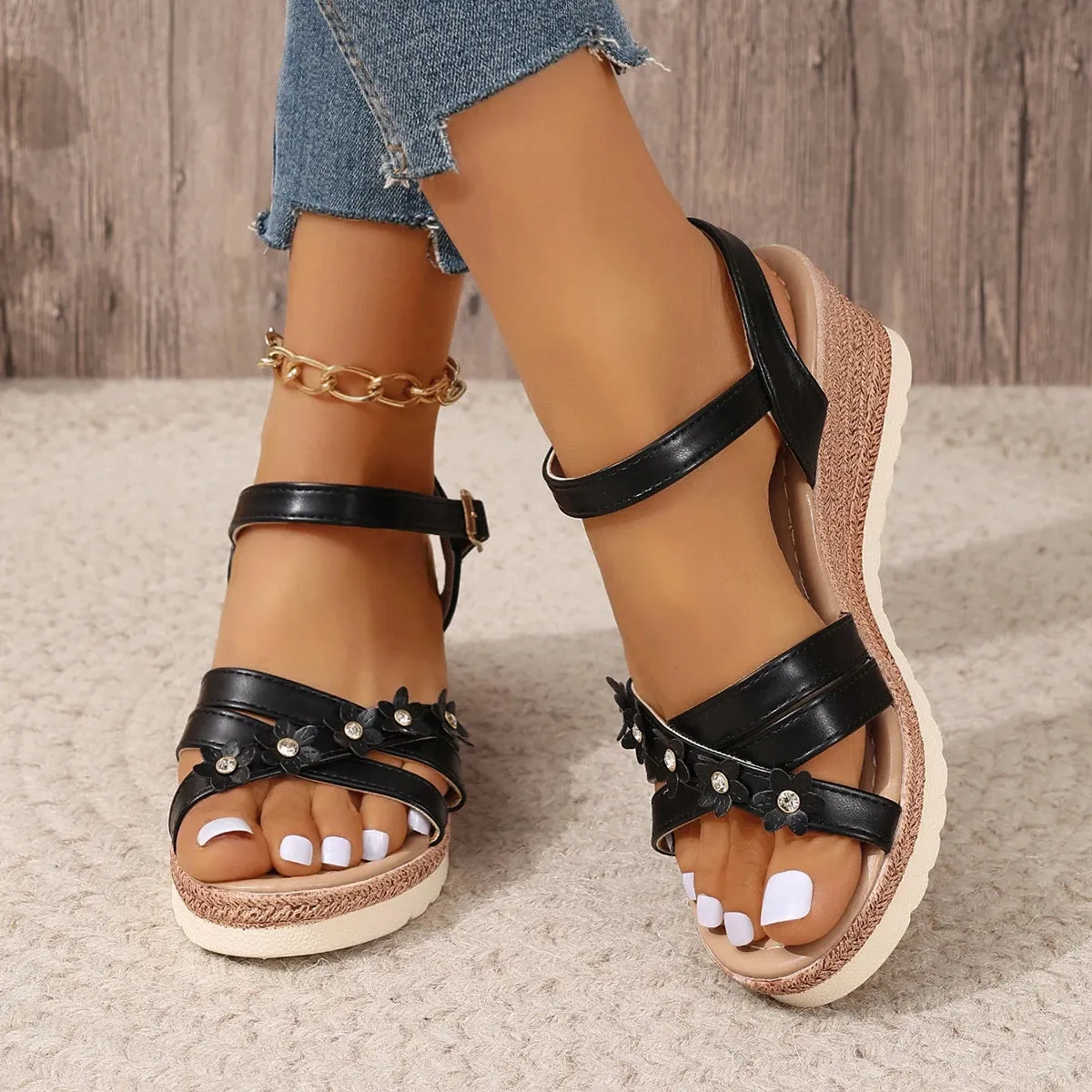 Fashion Flowrers Platform Sandals - Lightweight Ankle Strap