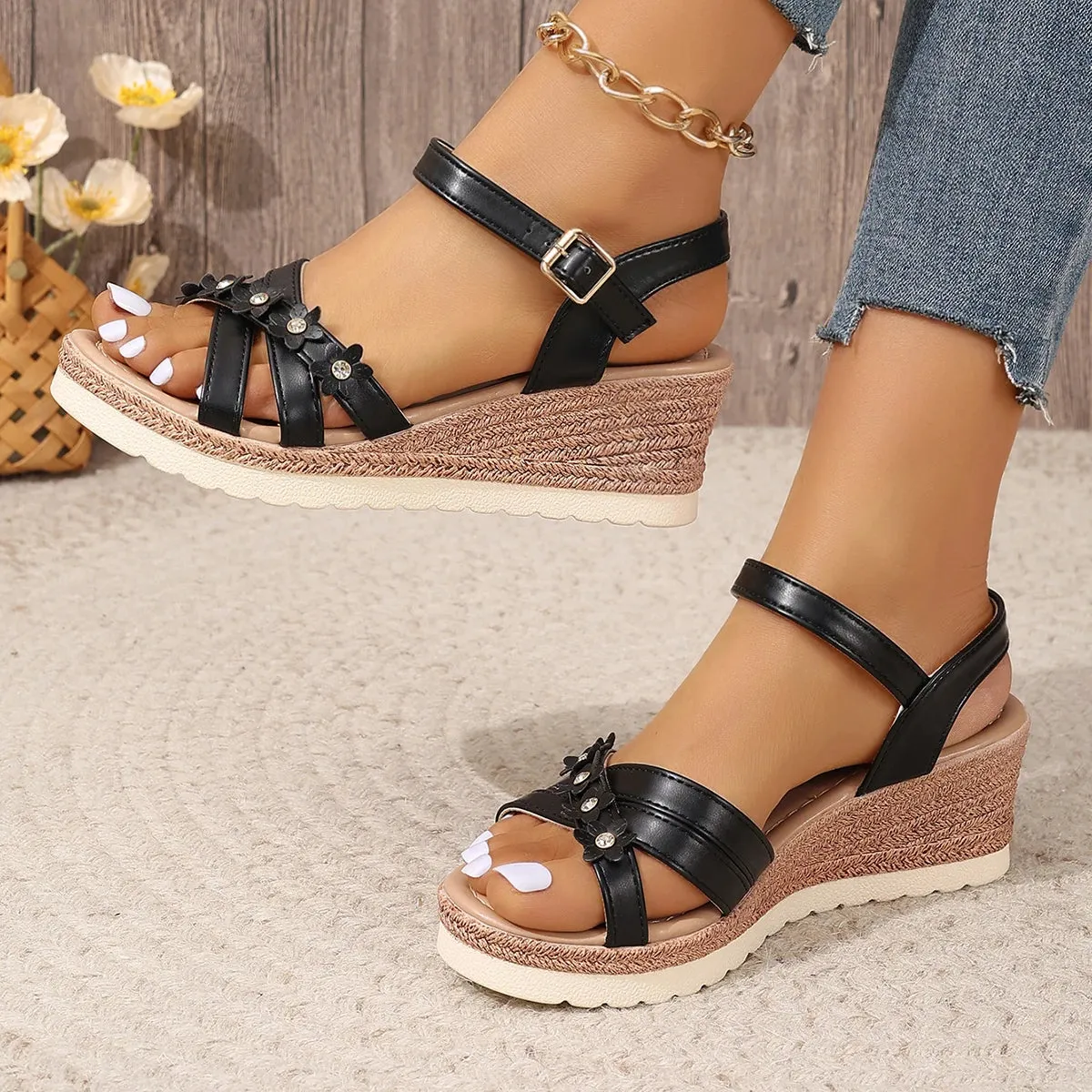 Fashion Flowrers Platform Sandals - Lightweight Ankle Strap