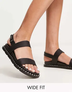 London Rebel Wide Fit Black Flat Sandals