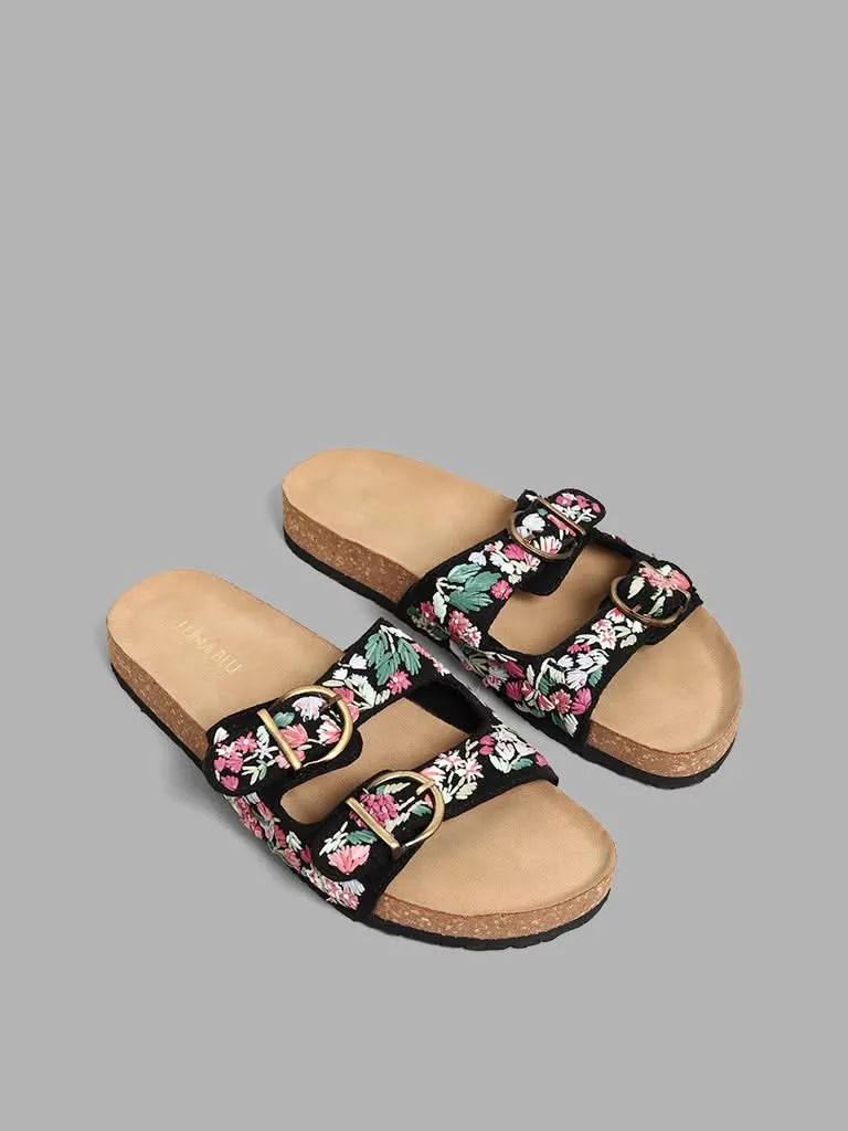 LUNA BLU Floral Embroidered Double Band Black Comfort Sandals