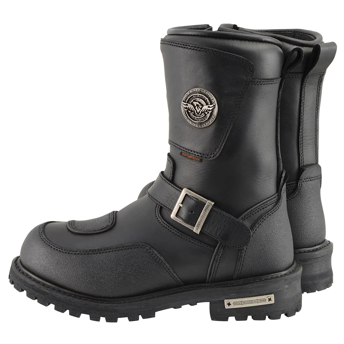 Milwaukee Leather MBM9071WP Men's Black 'Wide Width' 9-inch Waterproof Engineer Leather Biker Boots with Reflective Piping