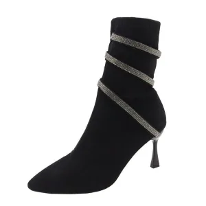 Pointed Fashion Rhinestone French High Heels Boots for Women