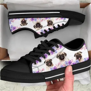 Pug Dog Purple Flower Canvas Low Top Shoes - Low Top Shoes Mens, Women, Dog Printed Shoes, Canvas Shoes For Men, Women