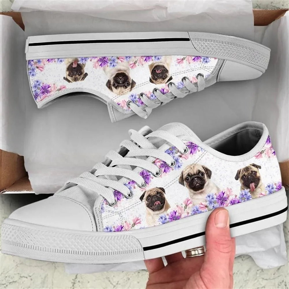 Pug Dog Purple Flower Canvas Low Top Shoes - Low Top Shoes Mens, Women, Dog Printed Shoes, Canvas Shoes For Men, Women