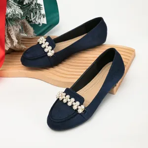 Women's Faux Pearl Decor Flat Loafers Solid Color Lightweight Shoes